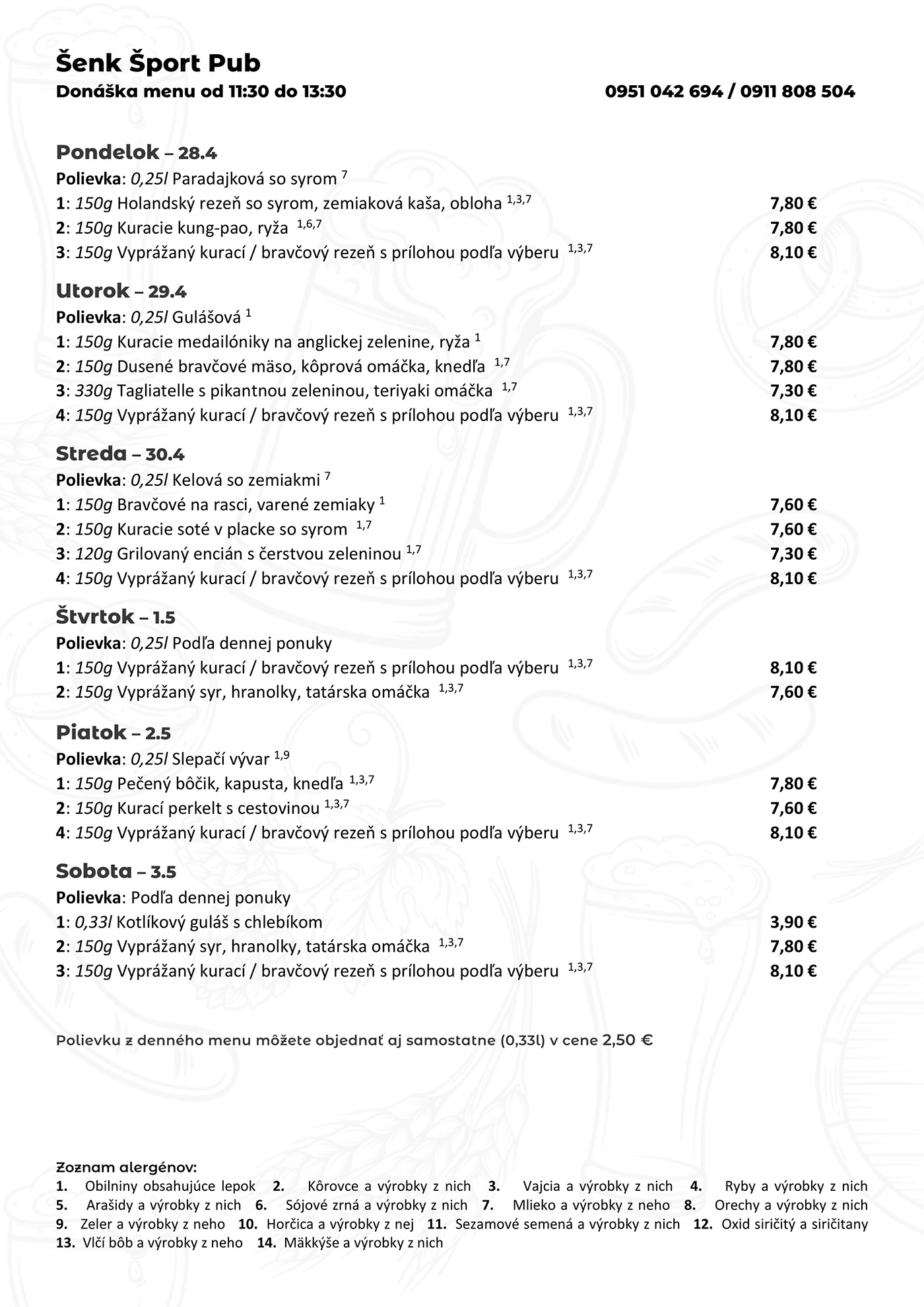 Denné menu Šenk Šport Pub