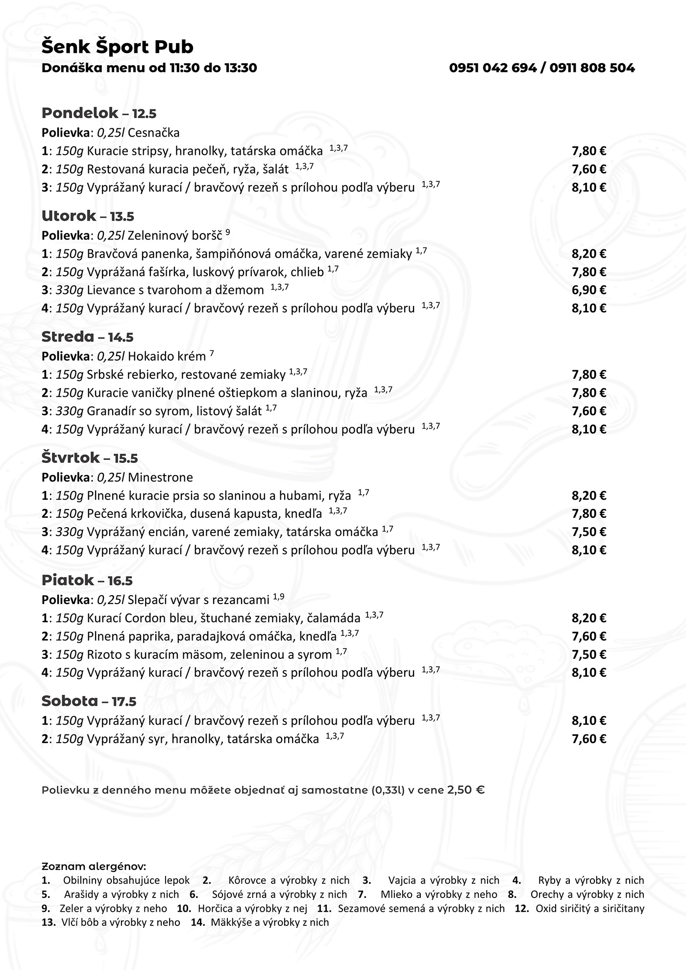 Denné menu Šenk Šport Pub