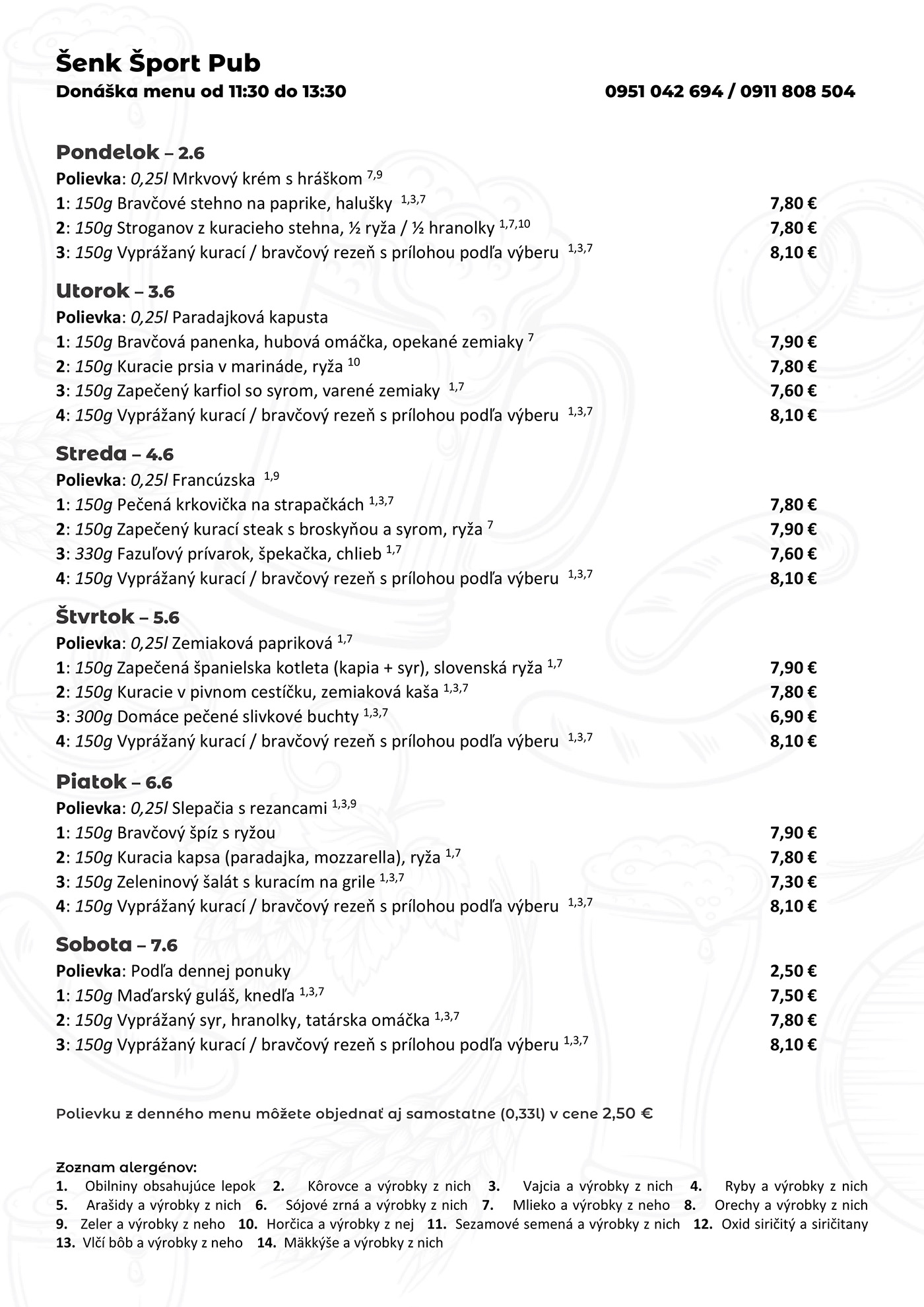 Denné menu Šenk Šport Pub