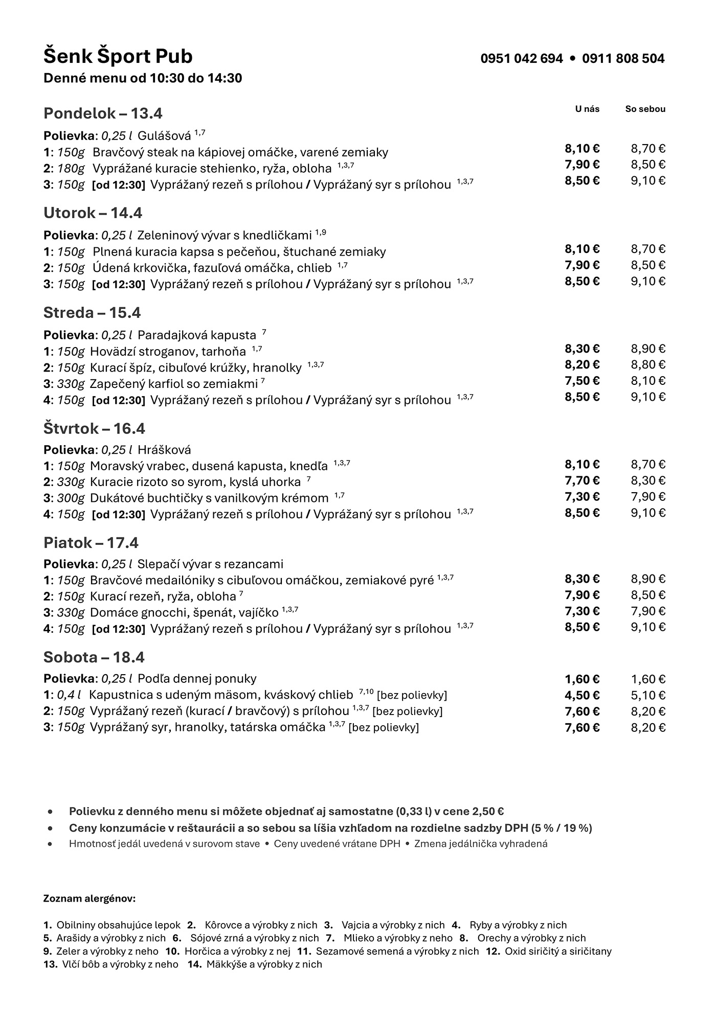 Denné menu Šenk Šport Pub