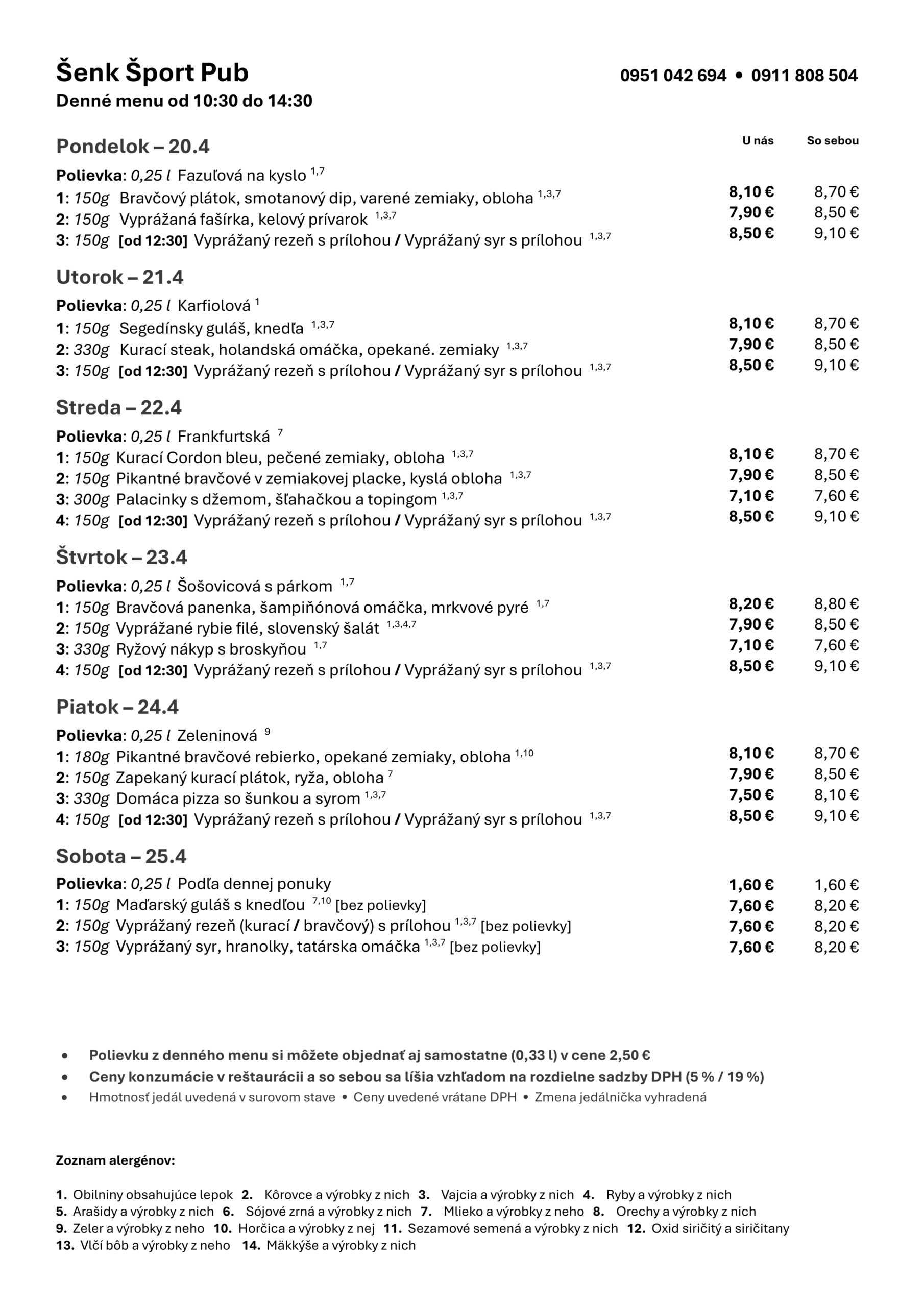 Denné menu Šenk Šport Pub