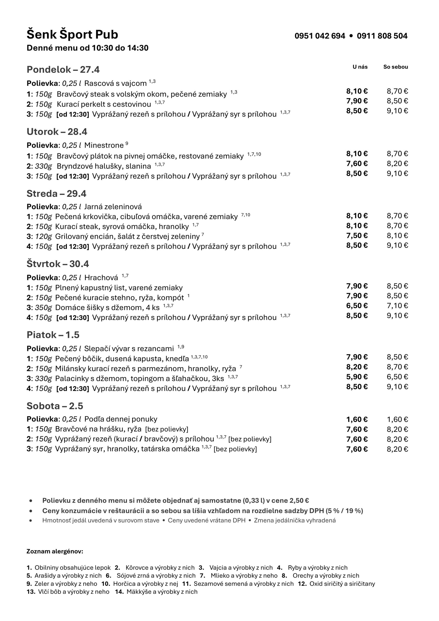 Denné menu Šenk Šport Pub