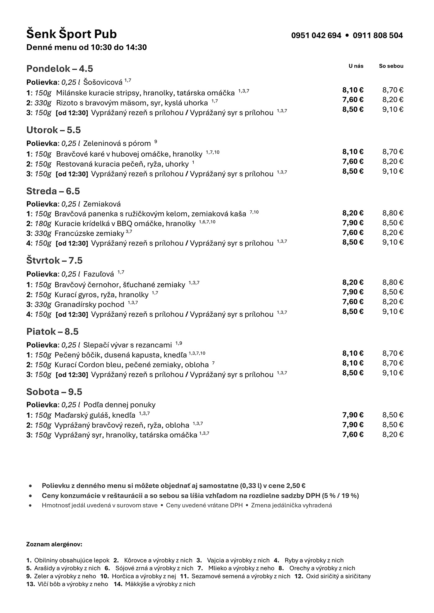 Denné menu Šenk Šport Pub