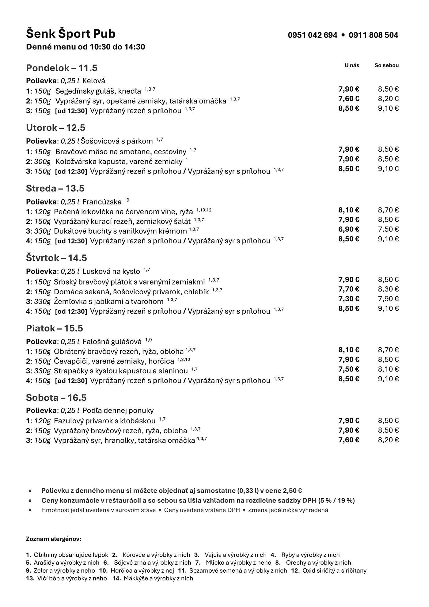 Denné menu Šenk Šport Pub