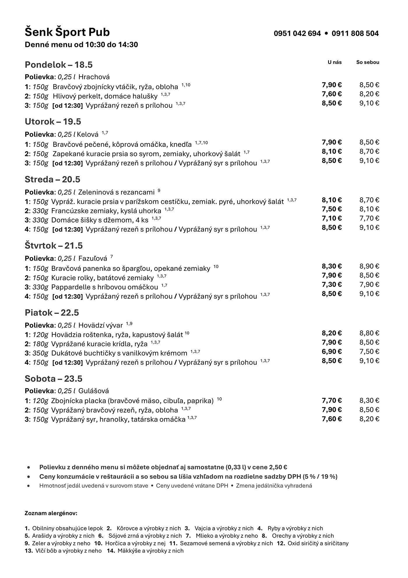Denné menu Šenk Šport Pub