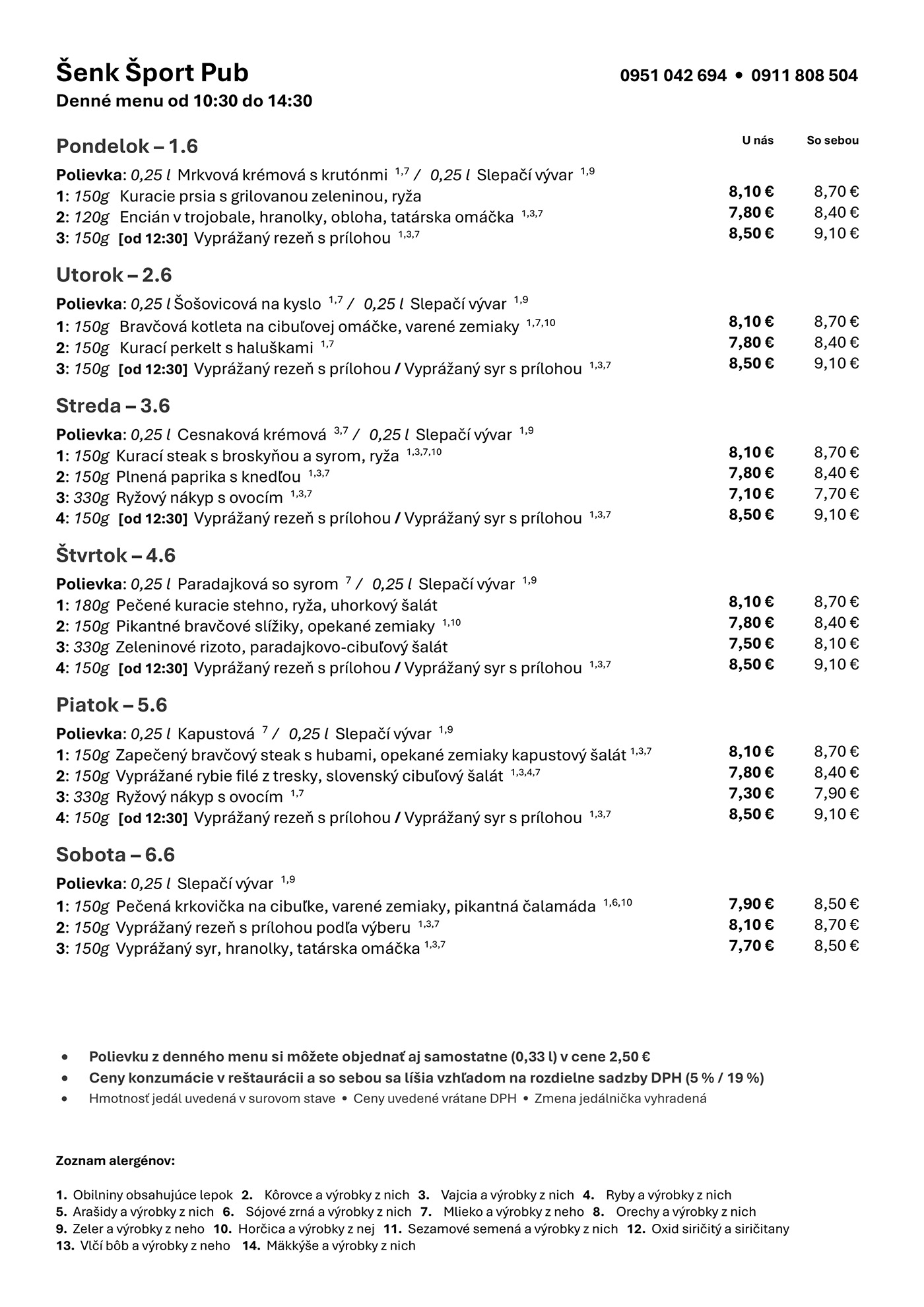 Denné menu Šenk Šport Pub