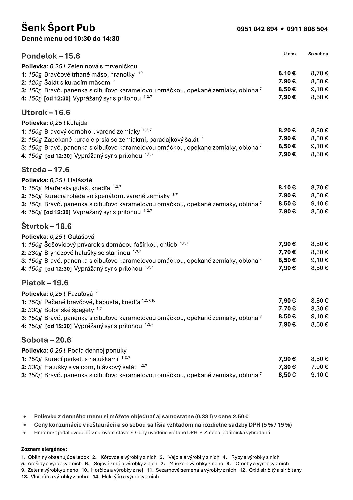 Denné menu Šenk Šport Pub