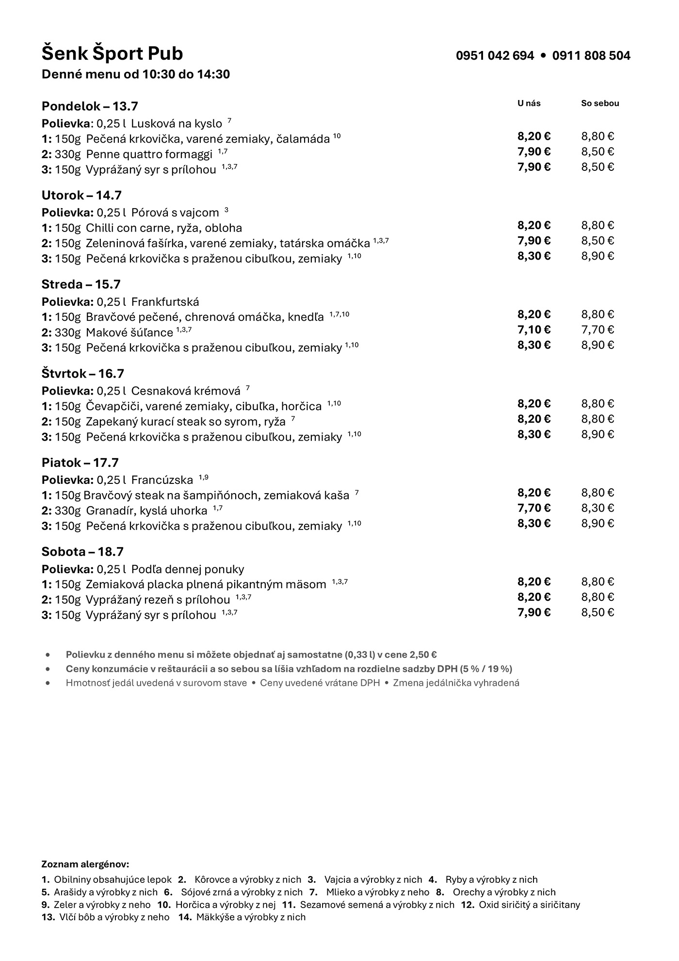 Denné menu Šenk Šport Pub