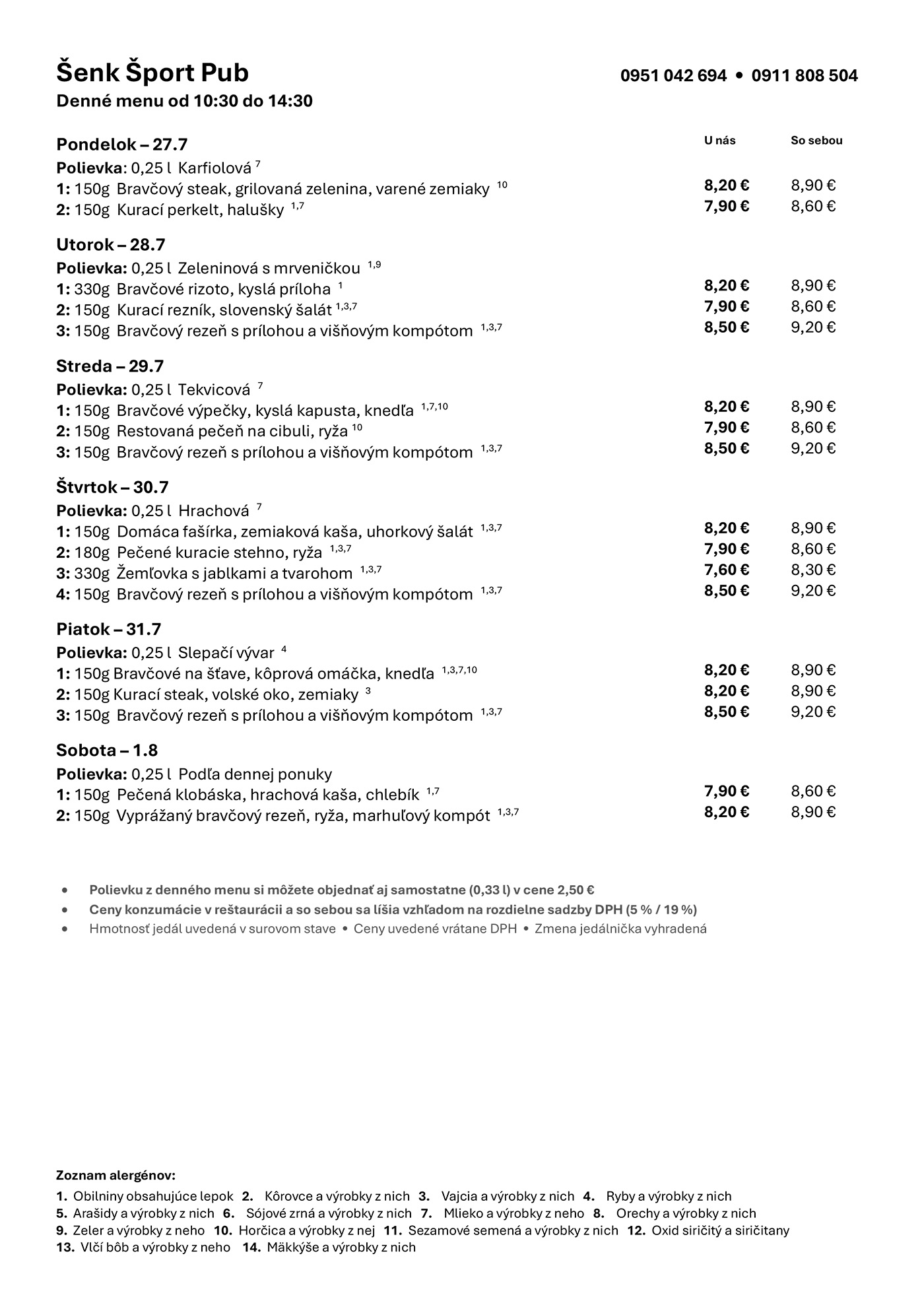 Denné menu Šenk Šport Pub
