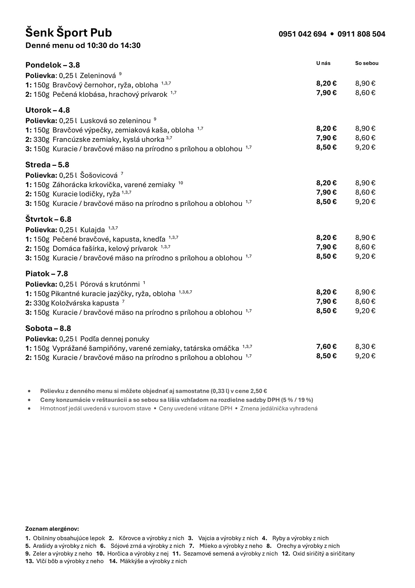 Denné menu Šenk Šport Pub