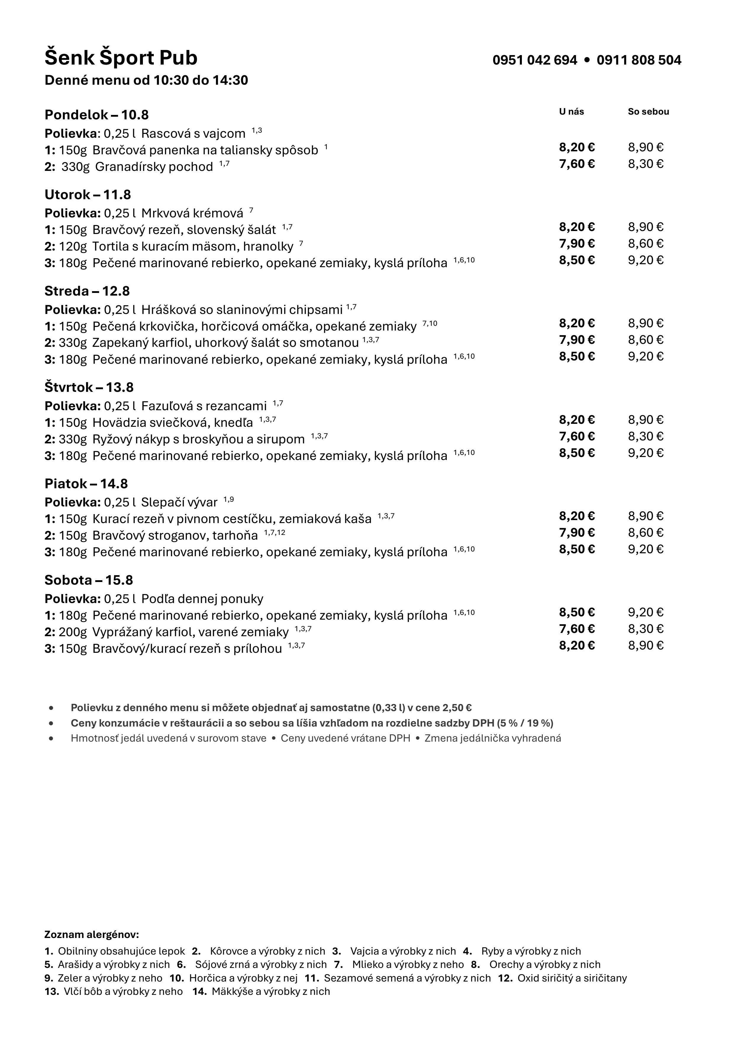 Denné menu Šenk Šport Pub