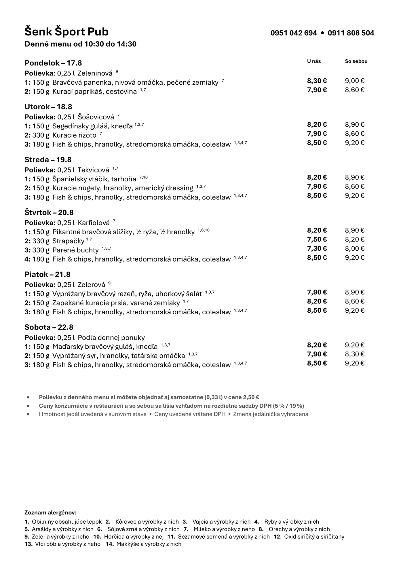 Denné menu Šenk Šport Pub