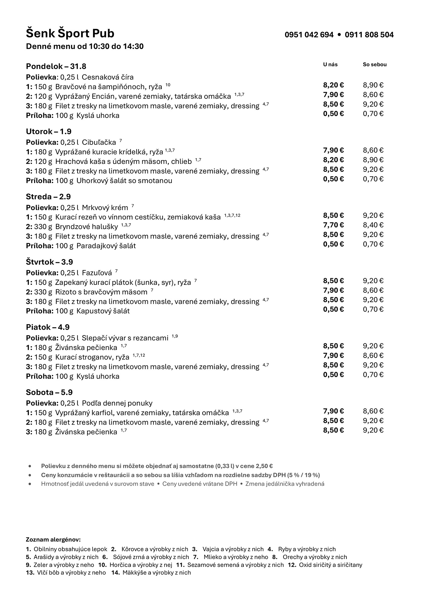 Denné menu Šenk Šport Pub