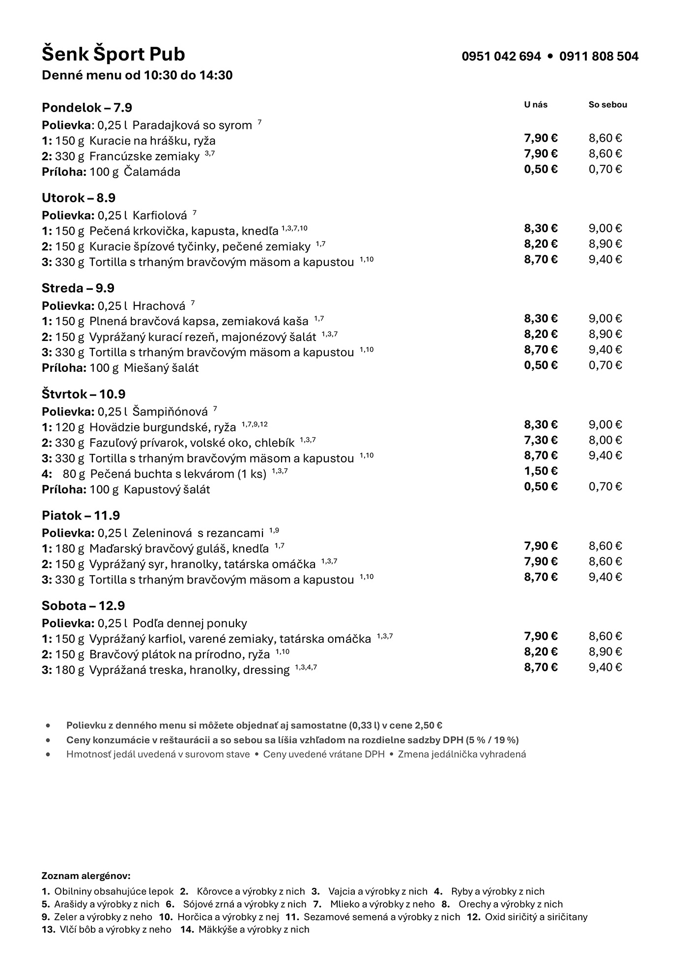 Denné menu Šenk Šport Pub