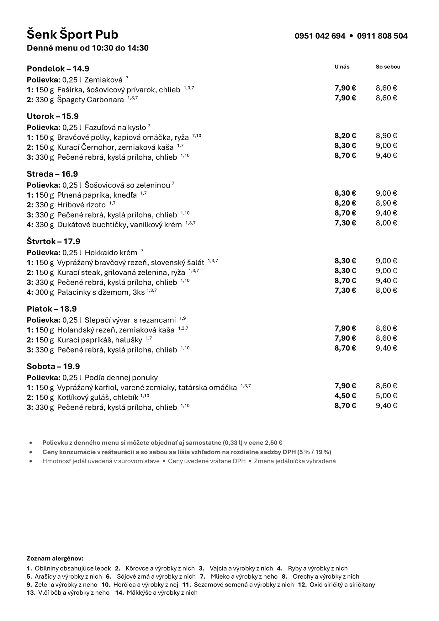 Denné menu Šenk Šport Pub