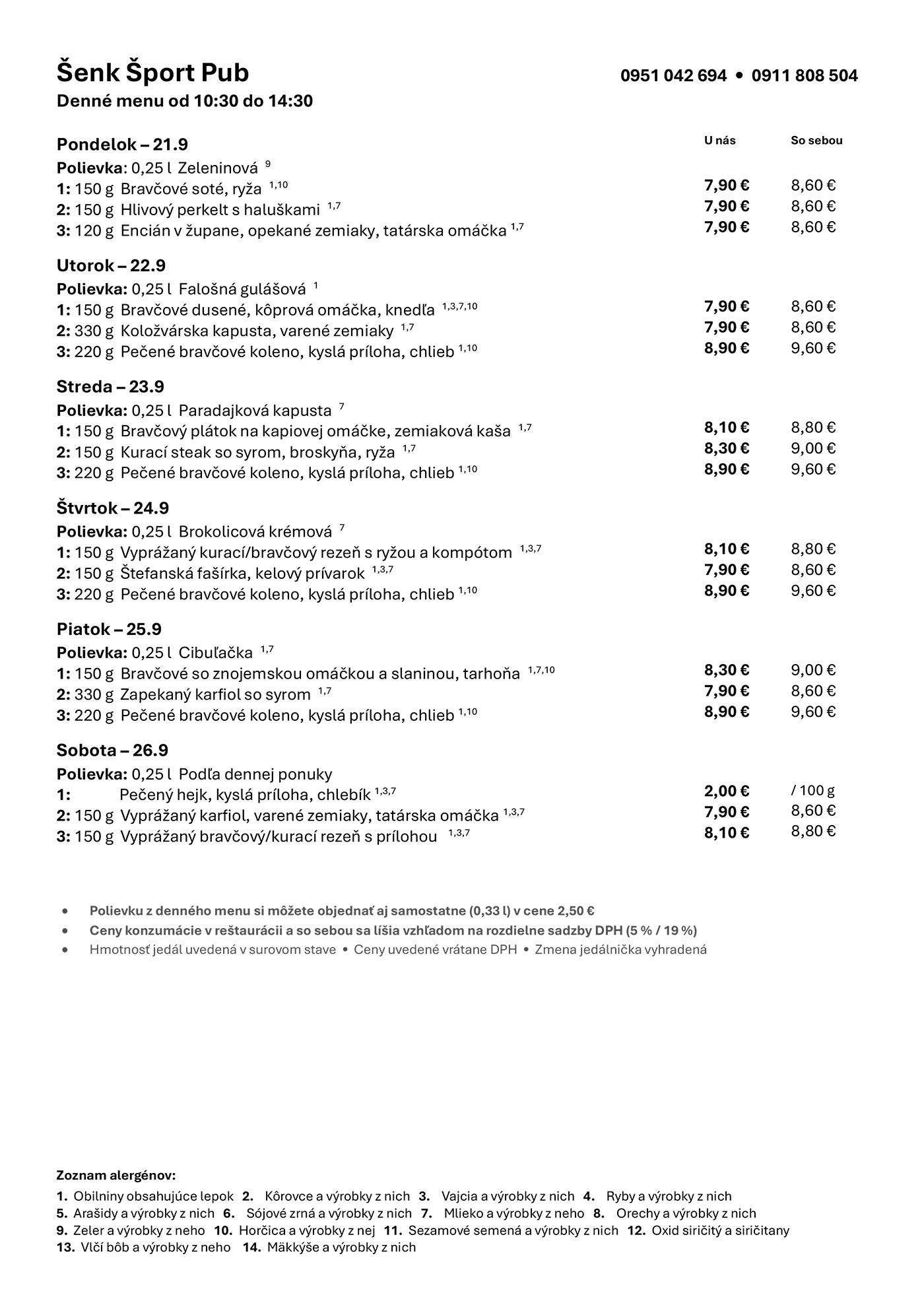 Denné menu Šenk Šport Pub