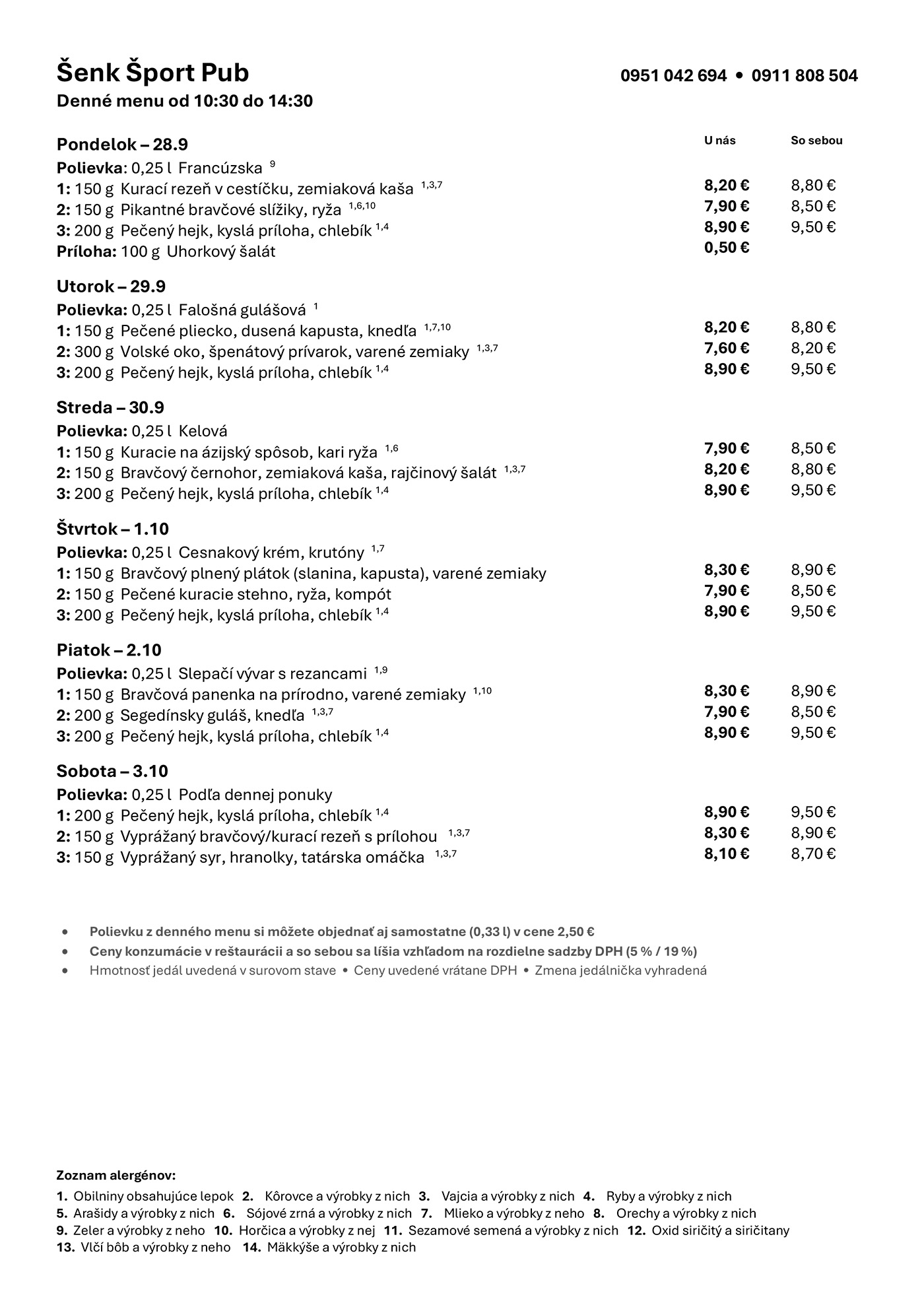 Denné menu Šenk Šport Pub