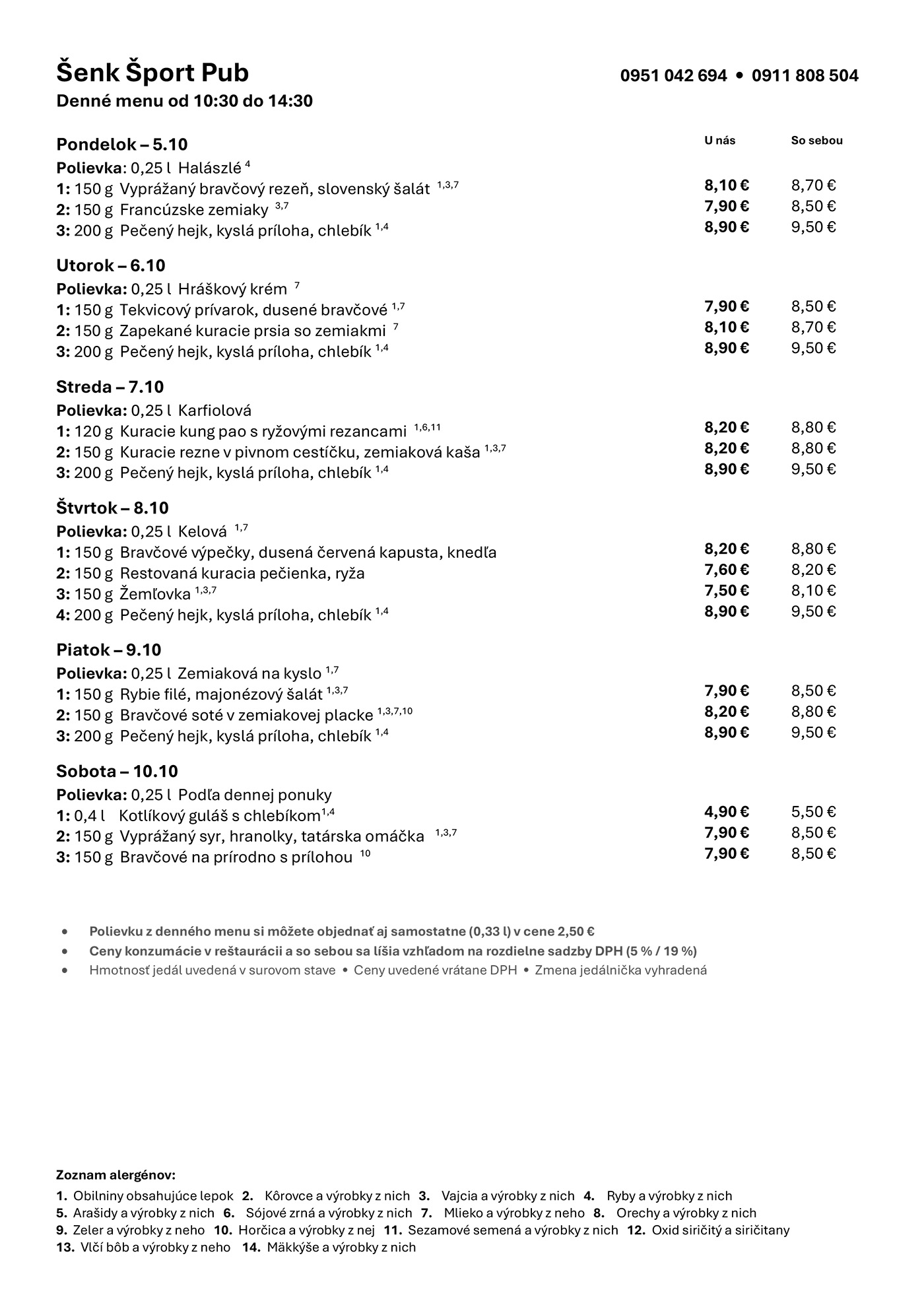 Denné menu Šenk Šport Pub