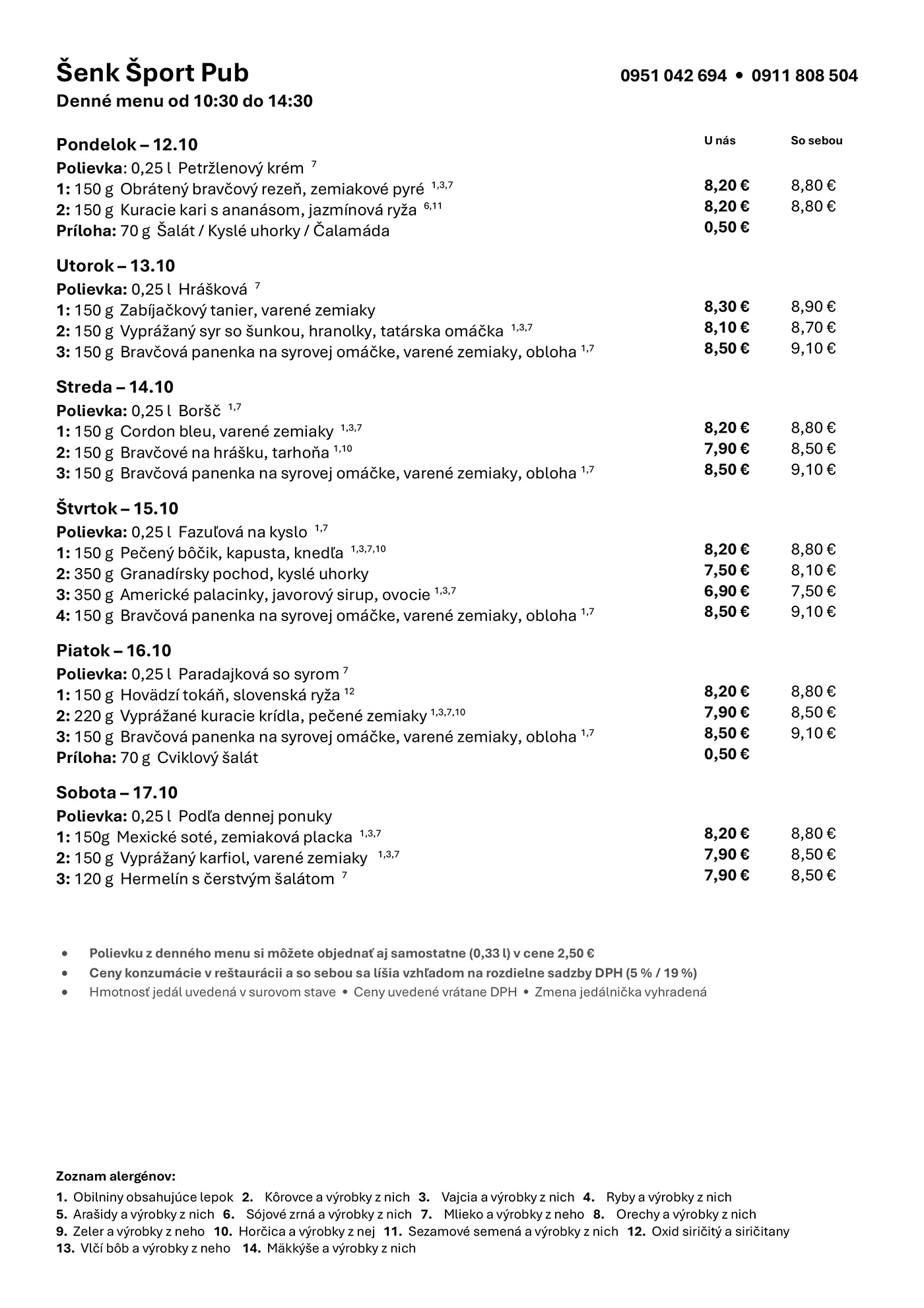 Denné menu Šenk Šport Pub