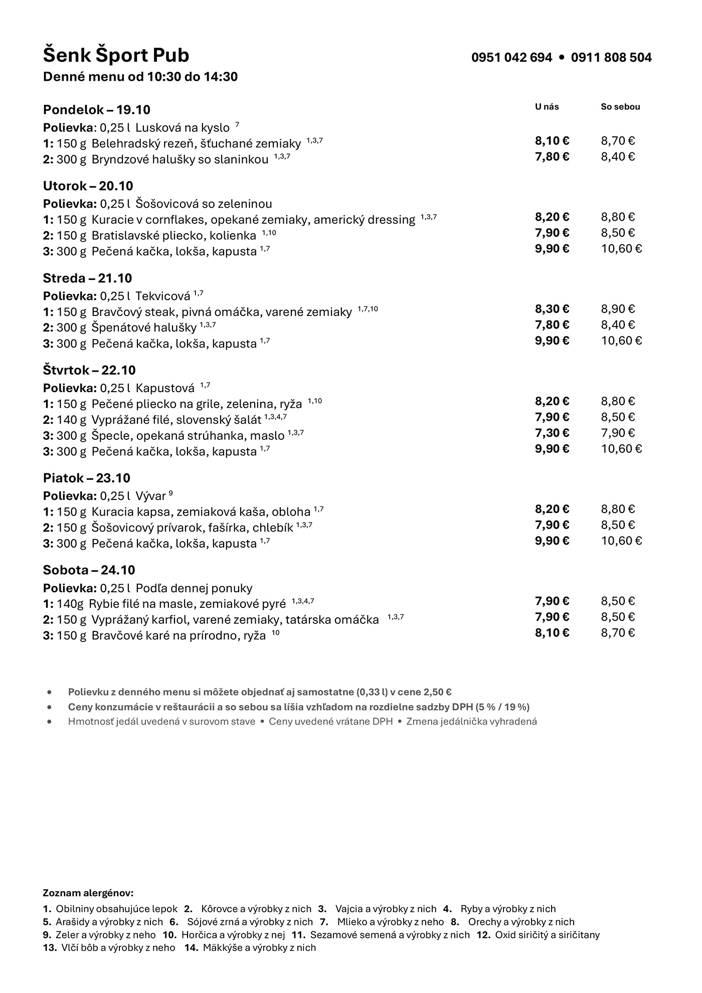 Denné menu Šenk Šport Pub