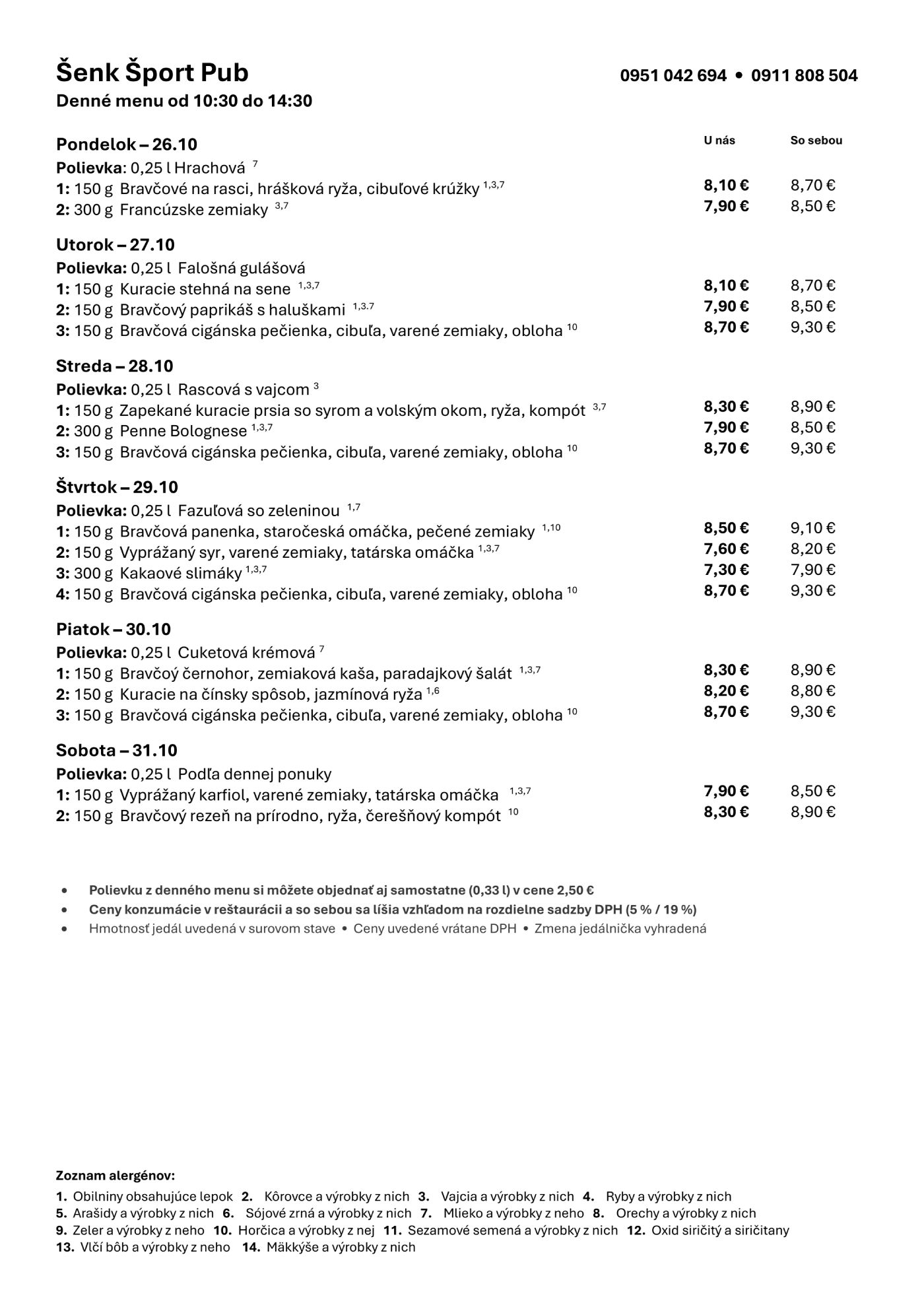 Denné menu Šenk Šport Pub